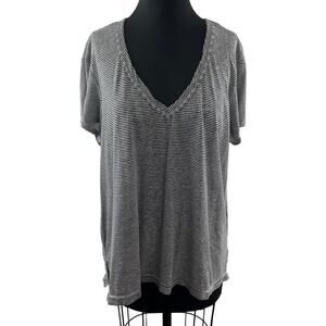 Wilt Black White Top Cotton Striped Ribbed V-Neck Short Sleeve Size Large L USA